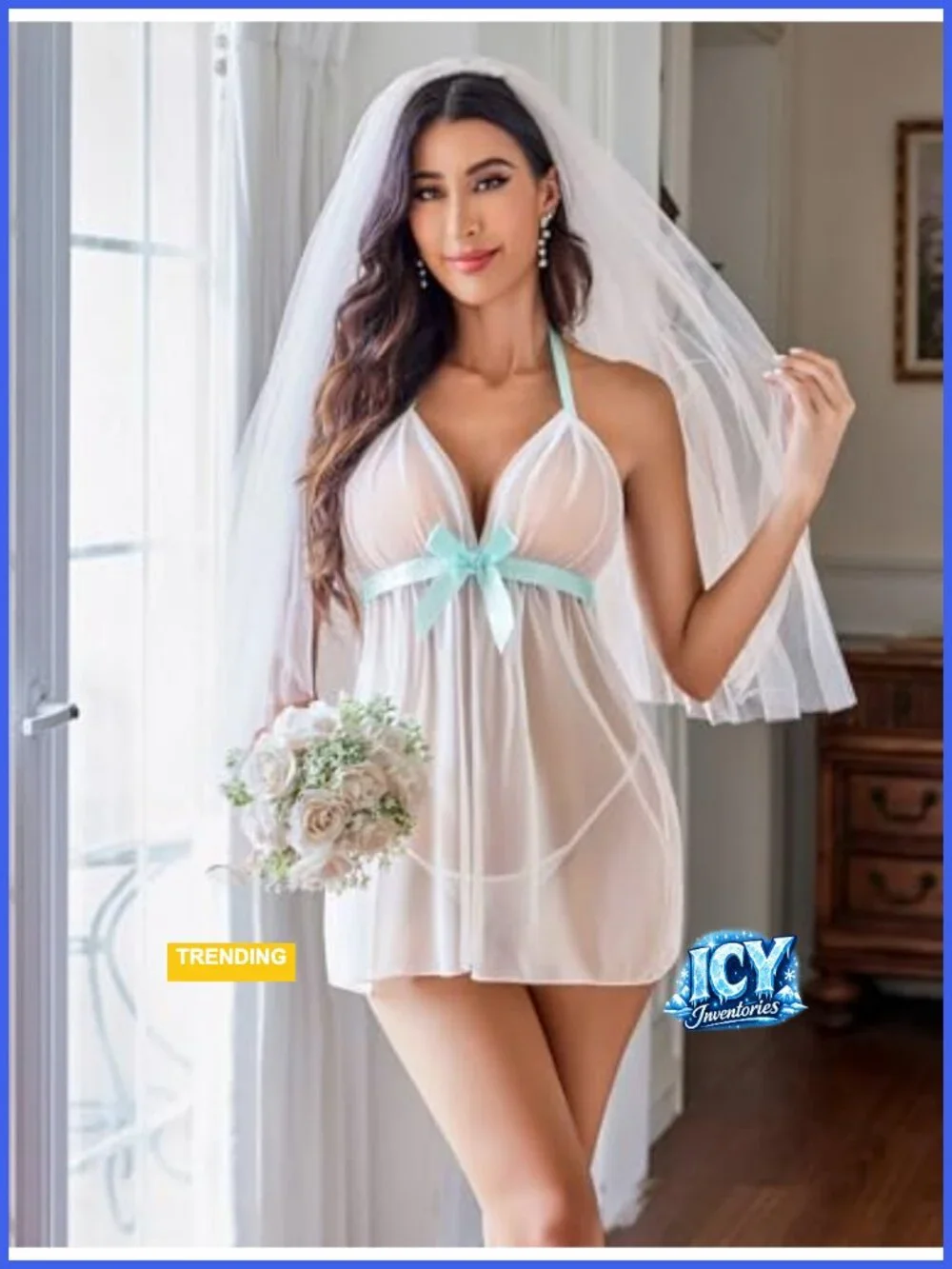 Lace Babydoll Chemise Halter Sheer Mesh Lingerie with G-String